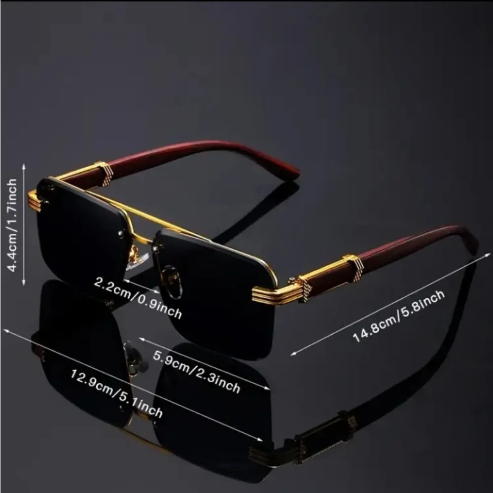 Black and Gold Rimless Sunglasses with Metal Accents